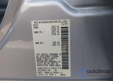 2020 Nissan Altima Sl Fwd из США, поврежденный, VIN 1N4BL4EV2LC193773